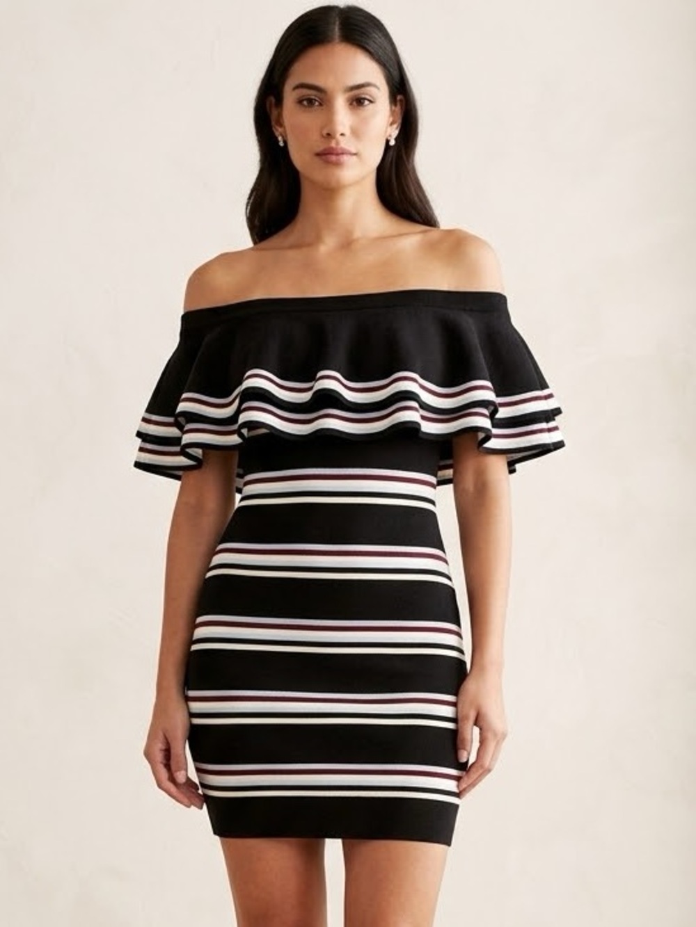 Endless Rose Striped Off Shoulder Ruffle Mini Dress Black White M NWT